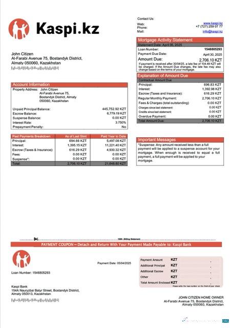 Download Kazakhstan Kaspi Bank mortgage statement Word and PDF template Photoshop template